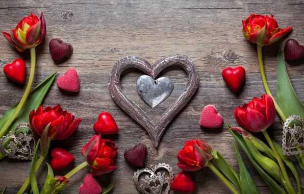 Картинка любовь, цветы, подарок, шоколад, конфеты, сердечки, тюльпаны, сладости, red, love, wood, flowers, romantic, hearts, tulips, …