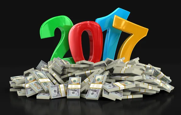 Картинка темный фон, фон, праздник, графика, новый год, гора, деньги, цифры, символ, доллары, пожелание, разноцветные, куча, …