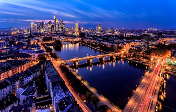 Картинка огни, река, здания, Германия, панорама, мосты, ночной город, Germany, Франкфурт-на-Майне, Frankfurt am Main, Main River, …