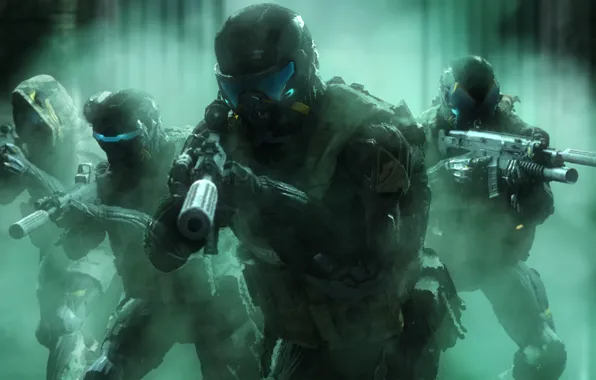 Картинка рендеринг, оружие, солдаты, шлем, crysis, отряд, nanosuit, Crytek, warface, power armor, active camouflage