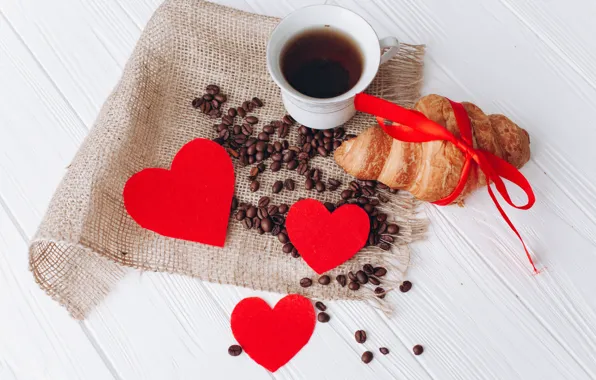 Картинка любовь, сердце, кофе, зерна, чашка, love, heart, cup, romantic, beans, coffee, croissant, круассан, with love
