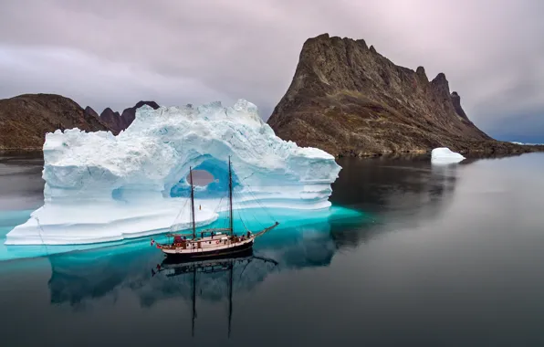 Картинка море, корабль, лёд, айсберг