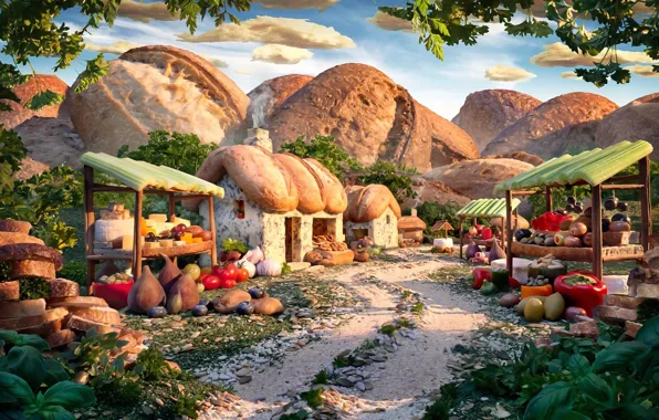 Картинка зелень, сыр, хлеб, фрукты, овощи, семечки, картинка, вкусный пейзаж, Карл Уорнер, фудскейп
