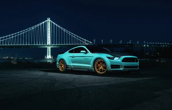 Картинка Mustang, Ford, Blue, Bridge, Night, Wheels, Rohana