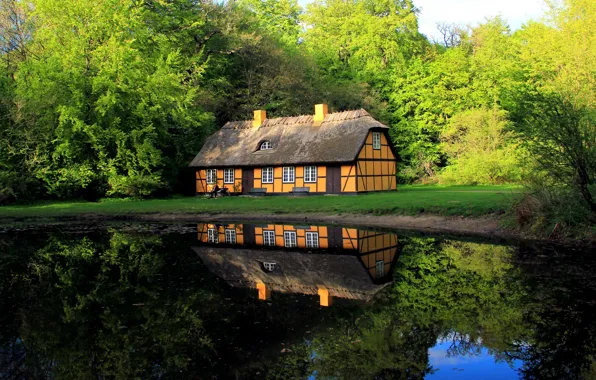 Картинка крыша, зелень, вода, уют, дом, пруд, гладь, отражение, красота, Дания, домик, water, водная гладь, местечко, …
