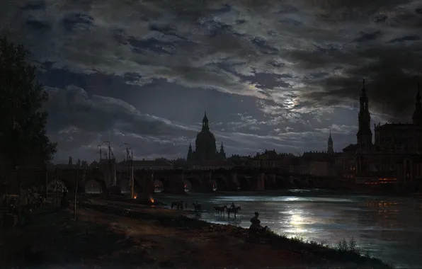 Картинка City, fire, moon, river, sky, landscape, bridge, water, night, art, clouds, people, horses, painting, buildings, …