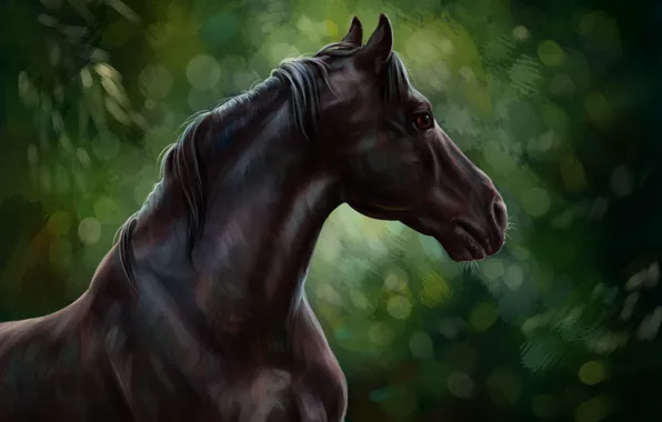 Картинка лошадь, масло, арт, акварель, карандаш, живопись, horse, лошадка, гуашь, wallpaper., картина painting, лес природа, черный …