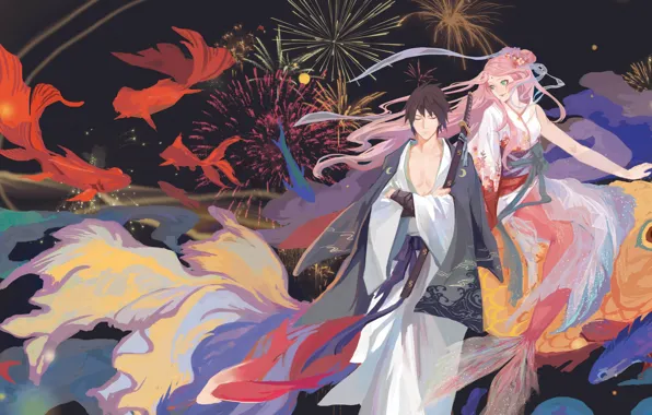 Картинка Naruto, katana, mermaid, Uchiha Sasuke, Haruno Sakura, kimono, by 半透明体, japaese