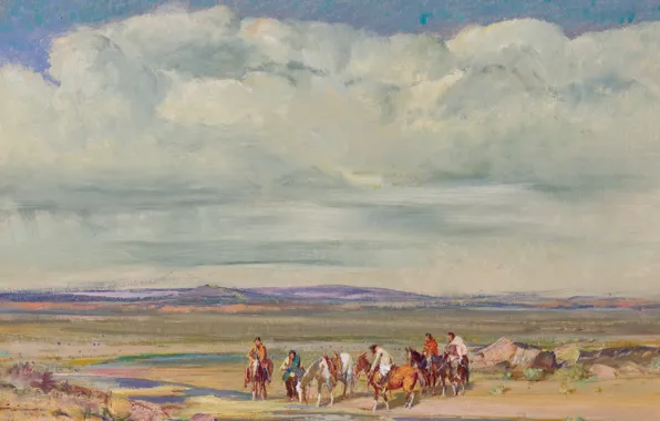 Картинка облака, река, лошади, индейцы, 1951, Oscar Edmund Berninghaus, Stream in the Desert