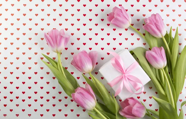 Картинка цветы, фон, подарок, букет, сердечки, тюльпаны, розовые