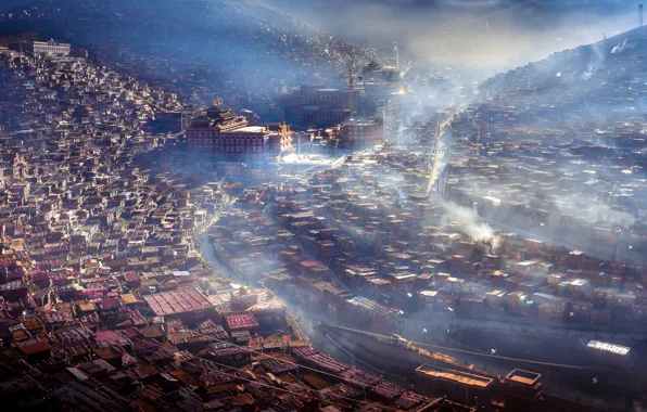 Картинка город, туман, холмы, дым, Китай, домики, смог