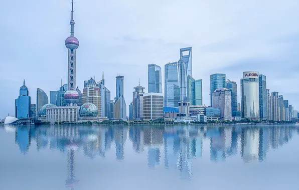 Картинка вода, отражение, река, China, здания, Китай, Shanghai, Шанхай, небоскрёбы, Pudong, река Хуанпу, Huangpu River, Пудун