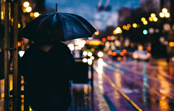Картинка машины, город, огни, дождь, улица, вечер, зонт, блур, боке