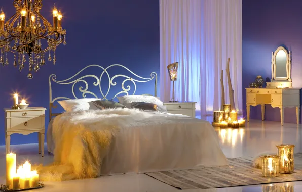 Картинка дизайн, огонь, кровать, подушки, свечи, зеркало, люстра, постель, шторы, спальня