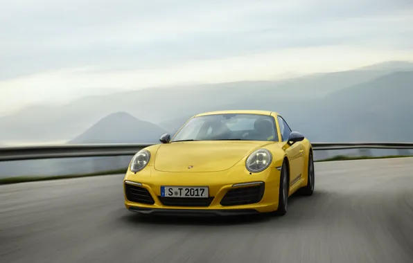 Картинка дорога, небо, асфальт, горы, жёлтый, Porsche, 2018, 911 Carrera T, 370 л.с.