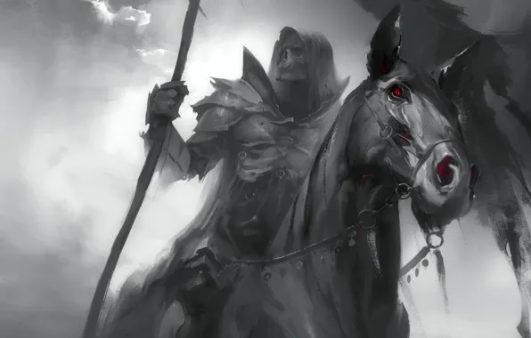 Картинка страх, Смерть, красные глаза, всадник Апокалипсиса, черная лошадь, черный рыцарь, саван, Dark Soul