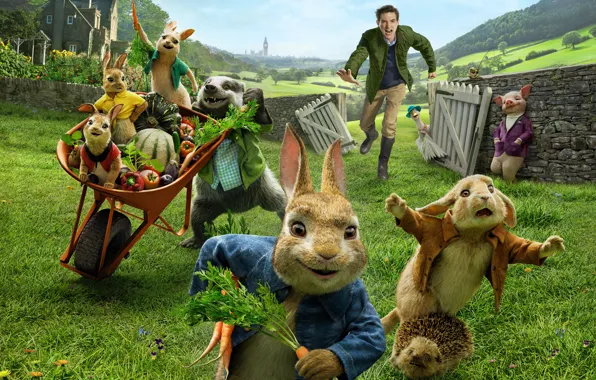 Картинка мультфильм, кролики, свинья, парень, Peter Rabbit, Кролик Питер