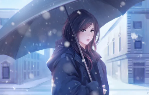 Картинка зима, снег, зонт, аниме, арт, девочка, Vu Nguyen, Winter Love