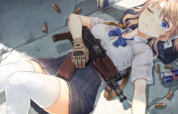 Картинка girl, gun, weapon, anime, japanese, gloves, RedBull, bishojo, AKS-74U