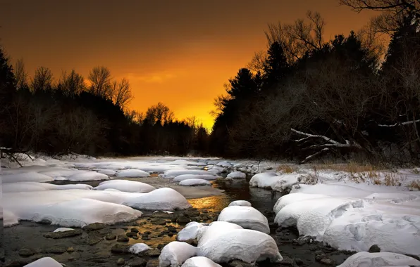 Картинка зима, пейзаж, закат, природа, река