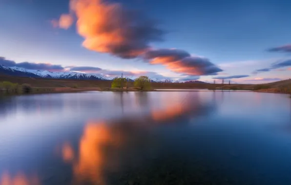 Картинка вода, облака, деревья, горы, природа, озеро, гладь, дерево, Новая Зеландия