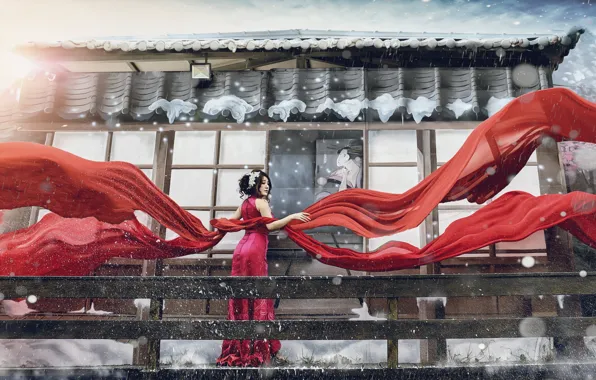 Картинка девушка, стиль, фотошоп, материя, ткань, азиатка, красное платье