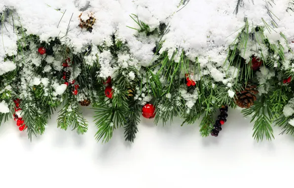 Картинка зима, снег, украшения, ягоды, елка, Новый Год, Рождество, happy, Christmas, winter, snow, New Year, Merry …