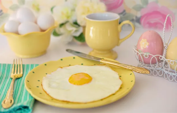 Картинка завтрак, тарелка, нож, чашка, вилка, яичница