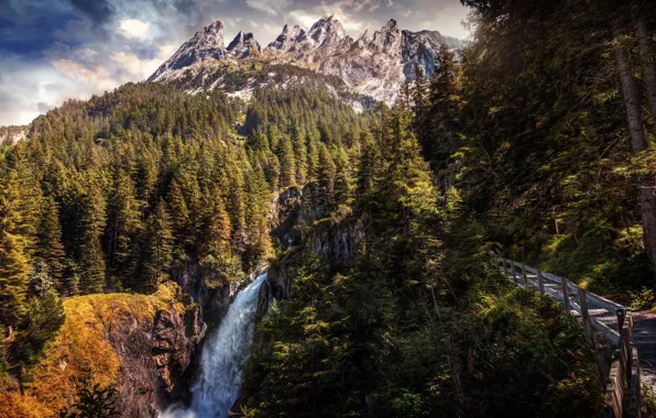 Картинка лес, горы, водопад, тропа, Швейцария, Switzerland, Schattenhalb, Rosenlaui Glacier Canyon, Шаттенхальб, Каньон Розенлауи