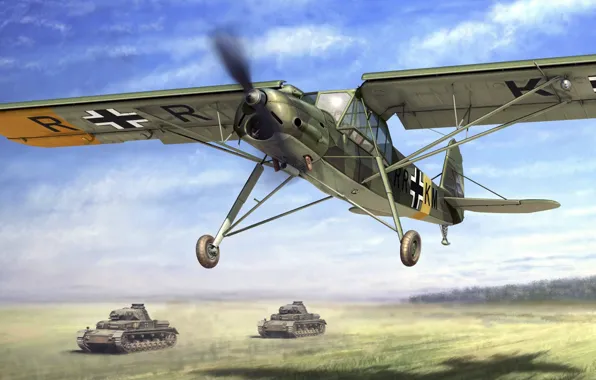 Картинка разведчик, Fi 156, Fieseler, Storch, малый немецкий самолёт, самолёт связи