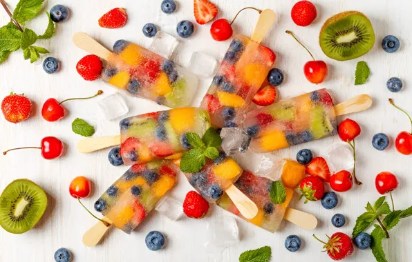 Картинка лед, ягоды, киви, черника, клубника, мороженое, фрукты, мята, десерт, черешня, сладкое
