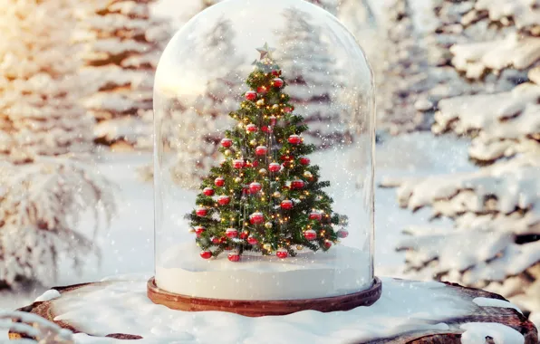 Картинка шарики, снег, елка, ёлка, winter, snow, merry christmas, christmas tree