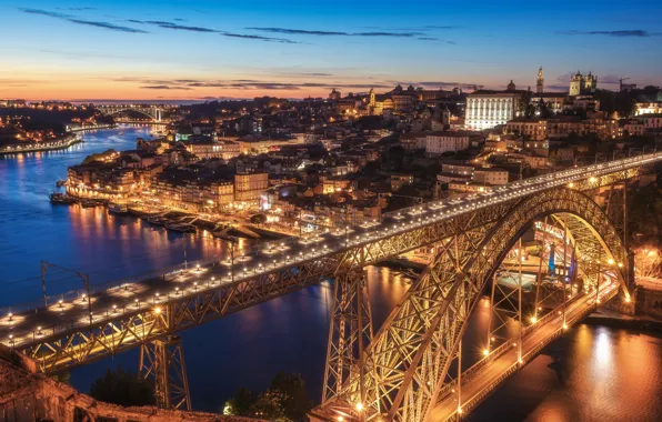 Картинка закат, мост, река, Португалия, ночной город, Portugal, Vila Nova de Gaia, Porto, Порту, река Дуэро, …