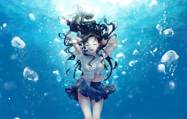 Картинка девушка, пузыри, аниме, арт, форма, школьница, под водой, reito6