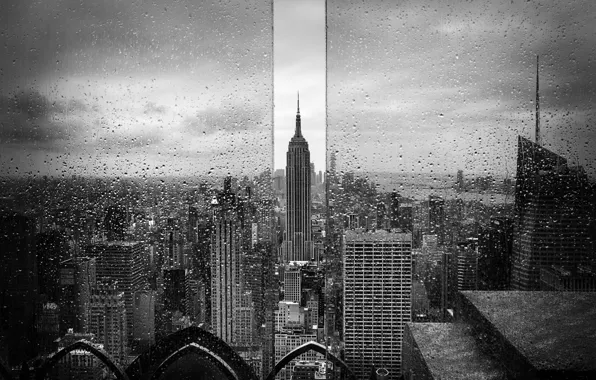 Картинка стекло, капли, город, дождь, США, Эмпайр Стейт Билдинг, Нью - Йорк, чёрно - белое фото