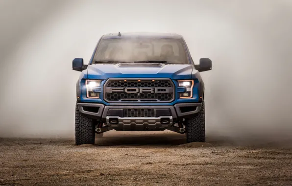 Картинка Ford, пыль, вид спереди, Raptor, пикап, F-150, SuperCrew, 2019