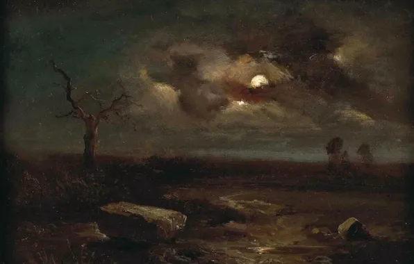Картинка ночь, камни, дерево, Пейзаж, Carl Gustav Carus, при лунном свете
