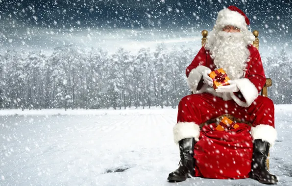 Картинка зима, снег, деревья, снежинки, красный, фон, праздник, шапка, фотошоп, сапоги, очки, Рождество, подарки, Новый год, …