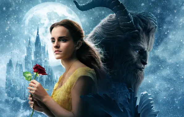 Картинка cinema, girl, love, rose, Disney, Emma Watson, flower, monster, blizzard, lion, snow, movie, castle, blonde, …