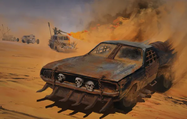 Картинка песок, машины, фильм, пыль, арт, черепа, Mad Max