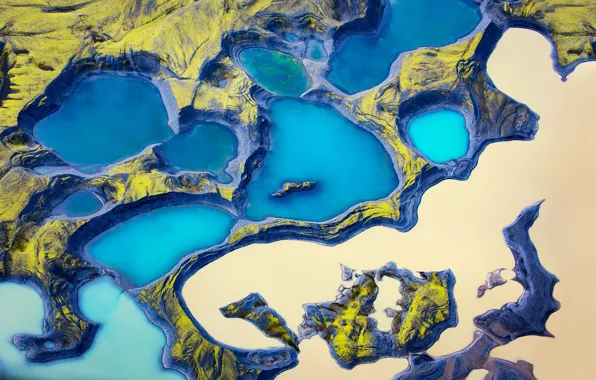 Картинка вода, острова, природа, скалы, Исландия, вид сверху, озёра, аэрофотосъёмка