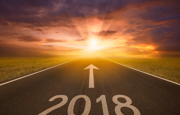 Картинка дорога, поле, небо, солнце, облака, лучи, новый год, шоссе, цифры, указатель, 2018