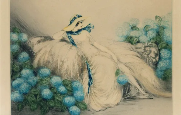 Картинка 1933, Louis Icart, Дама с голубыми цветами