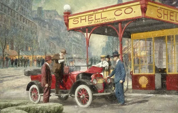Картинка город, ретро, люди, автомобиль, бензоколонка, 1920, Shell Station