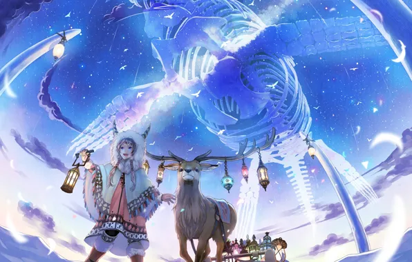 Картинка небо, девушка, звезды, облака, радость, птицы, аниме, олень, арт, кит, фонари, скелет, рога, сани, kirinosuke
