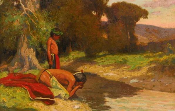 Картинка река, отец и сын, Eanger Irving Couse, The Cooling Stream