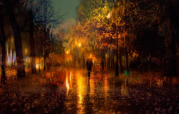 Картинка осень, девушка, город, огни, зонтик, дождь, вечер, Санкт-Петербург, Россия