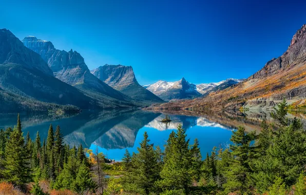 Картинка деревья, горы, озеро, отражение, Монтана, Glacier National Park, Saint Mary Lake, Скалистые горы, Montana, Национальный …