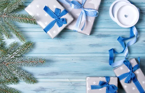 Картинка Новый Год, Рождество, blue, merry christmas, bow, decoration, gifts