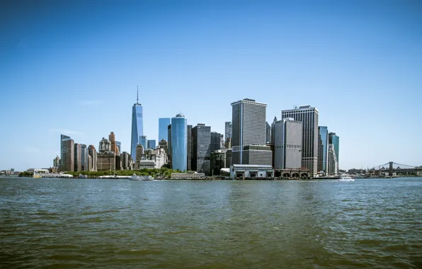 Картинка Море, Нью-Йорк, Манхеттен, Здания, City, USA, США, New York, Manhattan, Sea, Buildings
